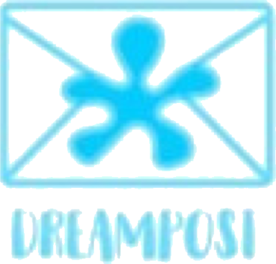 DreamPost logo: a light blue envelope with a splash of ink across it.