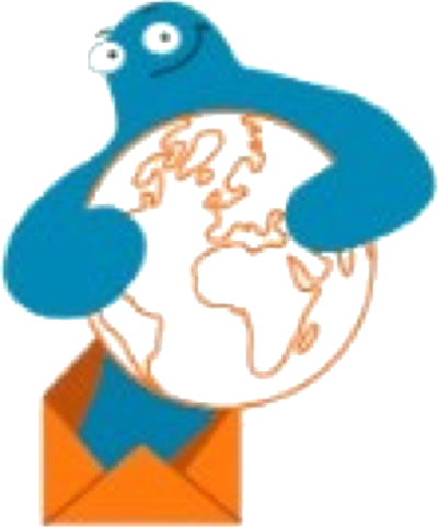 JoyMail logo: a blue character holding a globe, standing in an open orange envelope.